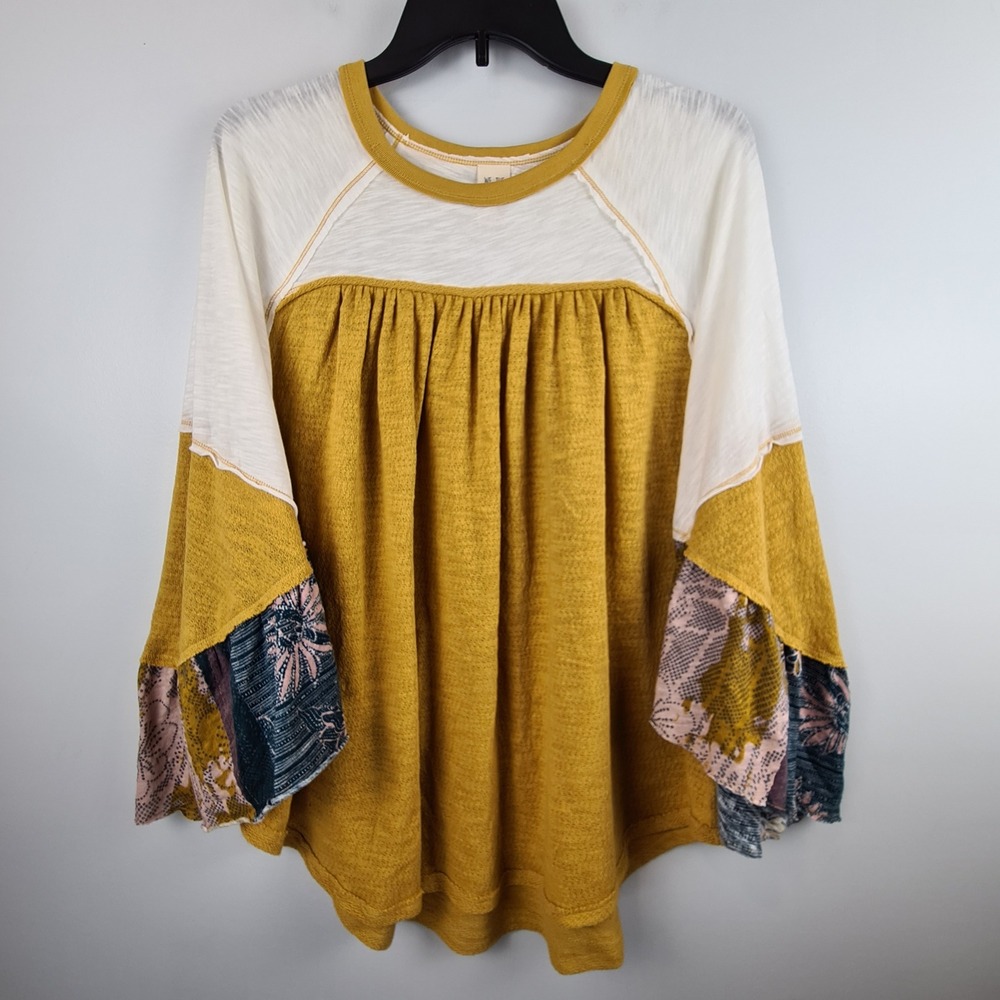 We The Free People Friday Fever Top L Mustard Yellow Patchwork Dolman Sleeve